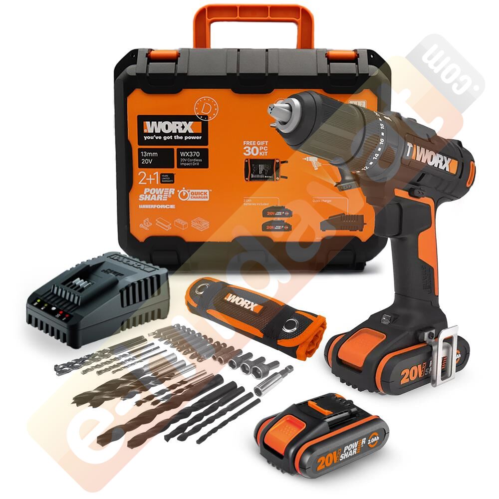 WORX WX370 20Volt/2Ah. Li-ion Çift Akülü Profesyonel Şarjlı Darbeli Matkap + 30 Parça Aksesuar Seti
