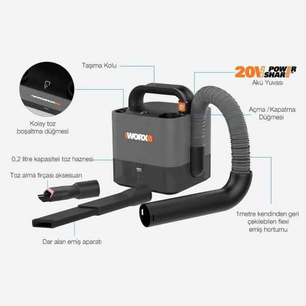 WORX WX030 Profesyonel Şarjlı Süpürge 20 Volt 2.0 Ah