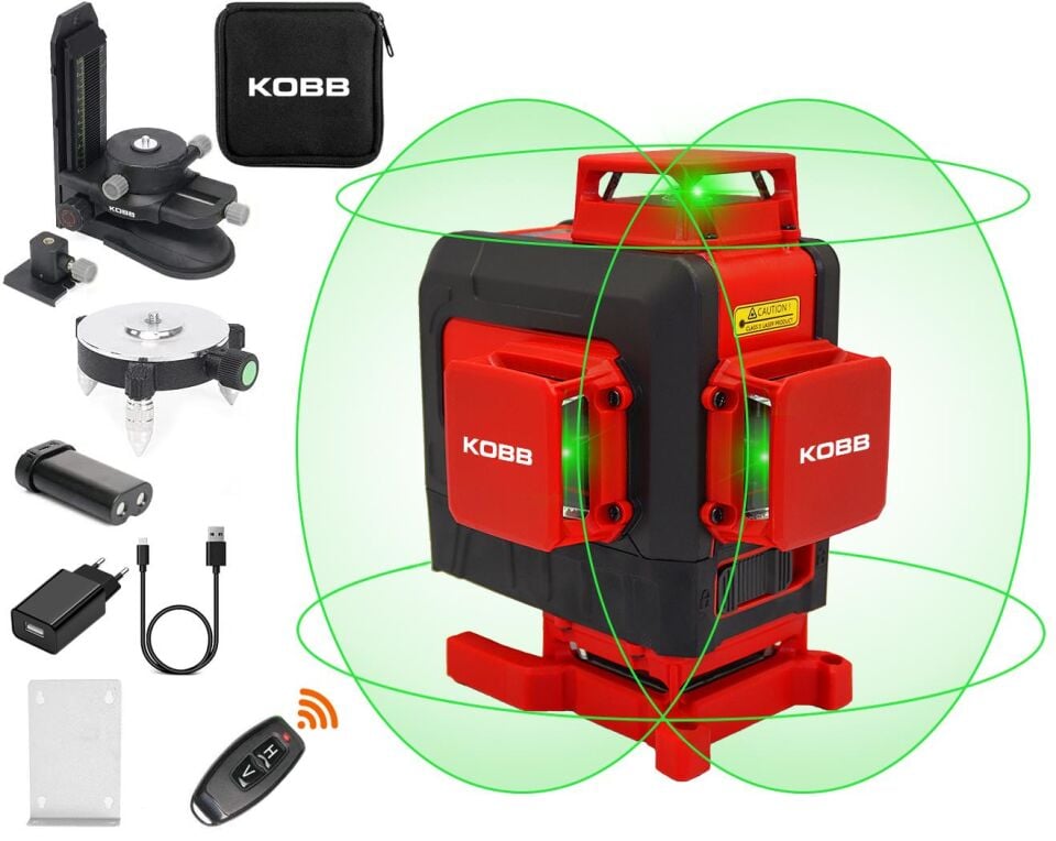 KOBB KBL35G Profesyonel Li-ion Şarjlı 4X360⁰ Otomatik Hizalamalı Yeşil Çapraz Çizgi Lazer Distomat+Uzaktan Kumanda