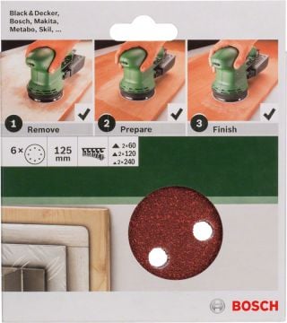 Bosch Aksesuarlar Bosch - Eksantirik Zımpara Kağıdı 6'lı Set, 125 mm 60/120/240 Kum 8 Delik