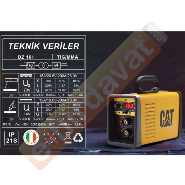 CAT DZ161T 160 Amper TIG LIFT/MMA Çanta Tipi Profesyonel Dijital İnverter Kaynak Makinesi + CAT DX37 Avuç Taşlama