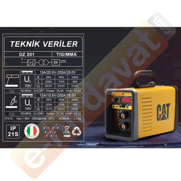 CAT DZ201T 200 Amper TIG LIFT/MMA Çanta Tipi Profesyonel Dijital İnverter Kaynak Makinesi + CAT DX37 Avuç Taşlama