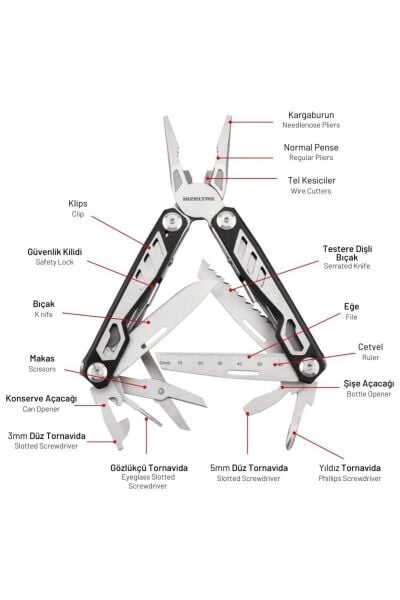 İZELTAŞ Multi Tool 15 Fonksiyona Sahip Katlanabilir Çakı+Pense 155 mm