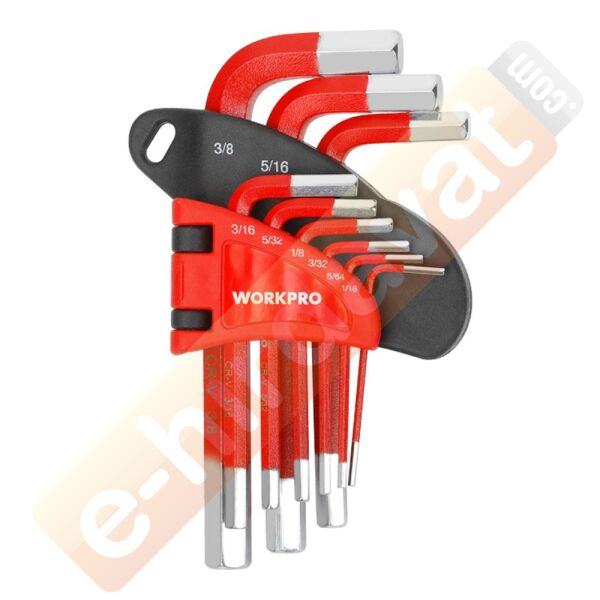 WORKPRO WP222016 9 Parça Kısa Boy CR-V İnç Profesyonel Allen Anahtar Takımı