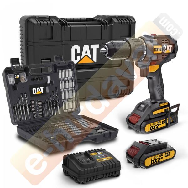 CAT DX12SET 18Volt/2.0Ah Li-ion Çift Akülü Kömürsüz Profesyonel Darbeli Matkap+DA01903 201 Parça Delme/Vidalama Uç Seti