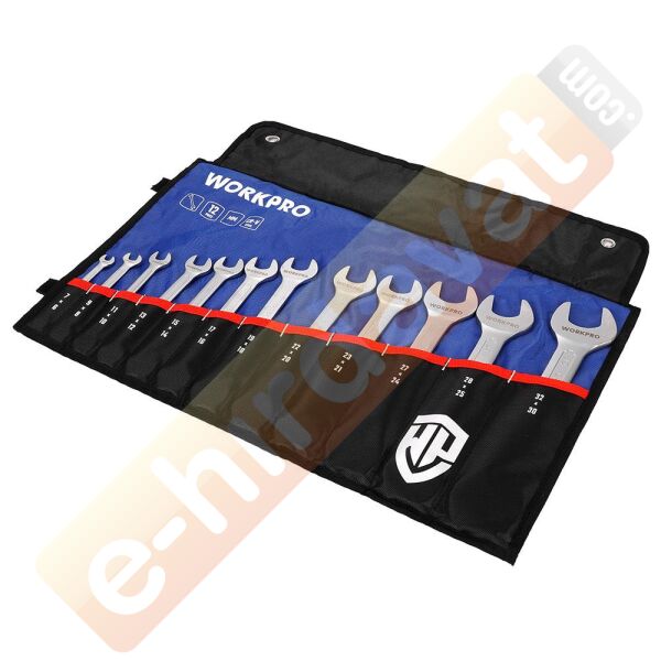 WORKPRO WP202507 6-32mm 12 Parça CR-V Profesyonel Açık Ağız Anahtar Takımı + Bez Taşıma Kılıfı