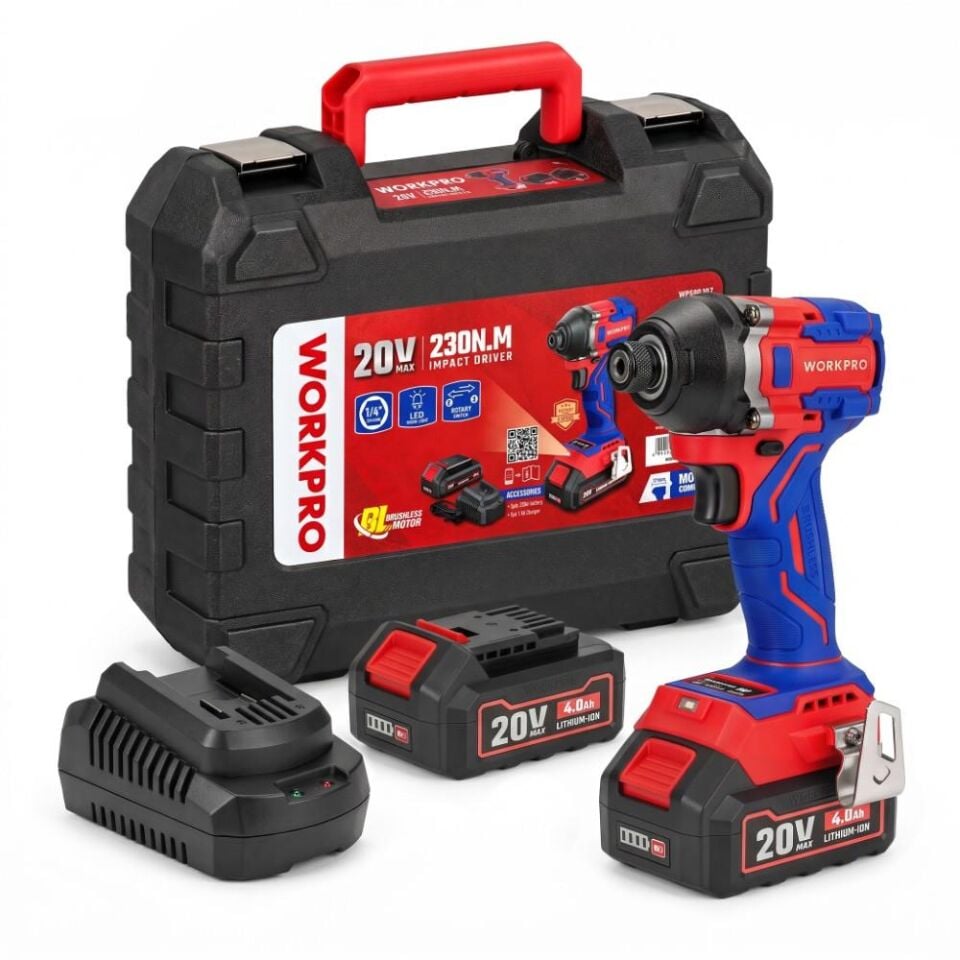 WORKPRO WP390108 20Volt 4.0Ah. Li-ion 230Nm Çift Akü Kömürsüz Profesyonel Şarjlı Darbeli Tornavida