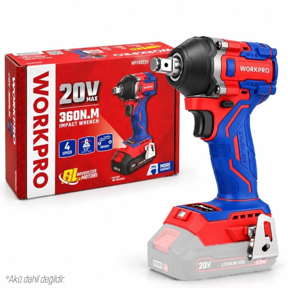 WORKPRO WP390225 20Volt 1/2’’ 360Nm Kömürsüz Profesyonel Şarjlı Somun Sıkma (Akü Dahil Değildir)