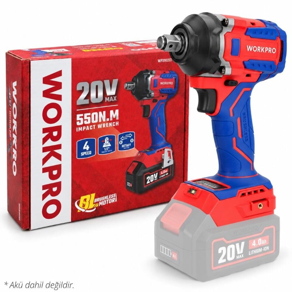 WORKPRO WP390207 20Volt 1/2’’ 550Nm Kömürsüz Profesyonel Şarjlı Somun Sıkma (Akü Dahil Değildir)