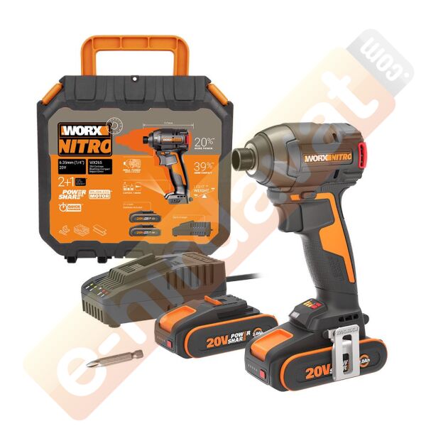 WORX WX265 20Volt 2.0Ah Li-ion Çift Akülü 200Nm Kömürsüz Profesyonel Şarjlı Darbeli Tornavida