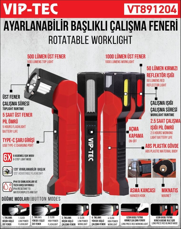 VIPTEC Ayarlanabilir Başlıklı Çalışma Feneri (VT891204)