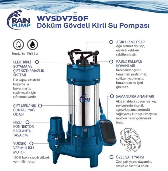 Rainpump WVSDV750F Döküm Gövde Kirli Su Drenaj Dalgıç Pompa