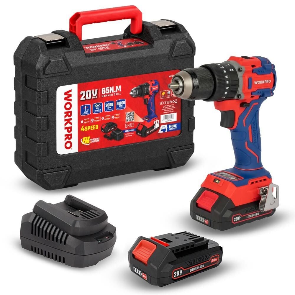 WORKPRO WP390019 20Volt 2.0Ah Li-ion 65Nm. Çift Akülü Kömürsüz Profesyonel Şarjlı Darbeli Matkap