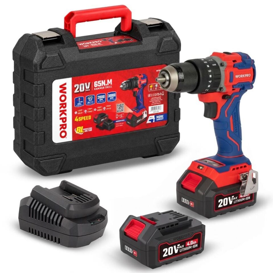 WORKPRO WP390020 20Volt 4.0Ah Li-ion 65Nm. Çift Akülü Kömürsüz Profesyonel Şarjlı Darbeli Matkap