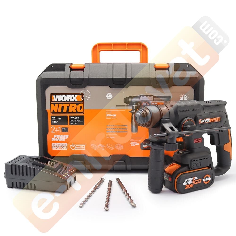 WORX WX381 20Volt 4.0Ah. 2J Li-ion Tek Akülü Profesyonel SDS-Plus Pnömatik Kırıcı/Delici + 3 Parça Delme Ucu