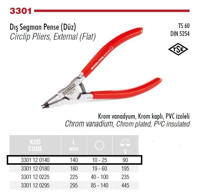 İZELTAŞ Dış Segman Pensesi Yaylı-Düz 140 mm (3301 12 0140)