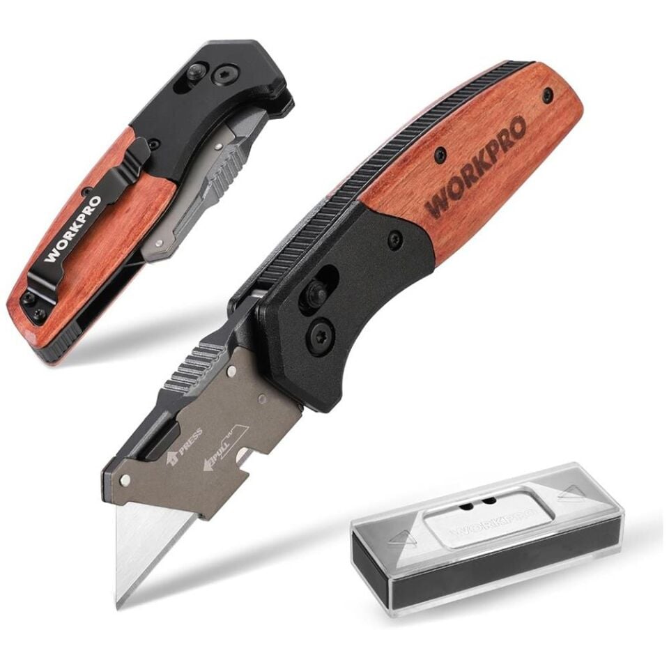 WORKPRO WP211035 Ağır Hizmet Çelik/Ahşap Gövde Katlanır Rötuş Maket Bıçağı + 11 Adet Yedek Bıçak
