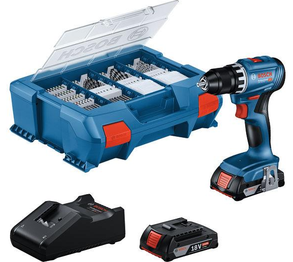 GSB 18V-45 + 2x GBA 18V 2.0Ah + GAL 18V-40 + 63 adet matkap/uç seti L-Case Pick&Click