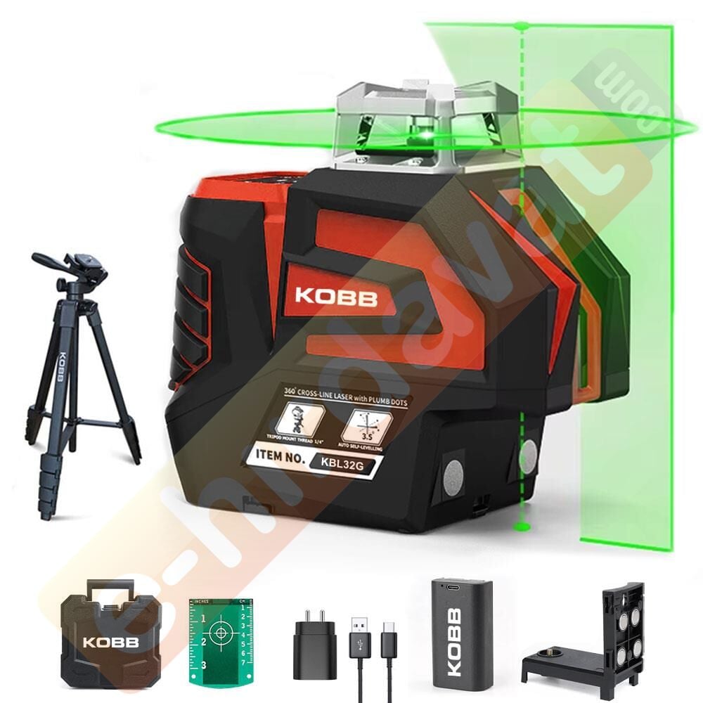 KOBB KBL32GTP Profesyonel Li-ion Yatay 360° ve Dikey Otomatik Hizalamalı Yeşil Nokta Şakül ve Çapraz Çizgi Lazer+Tripod