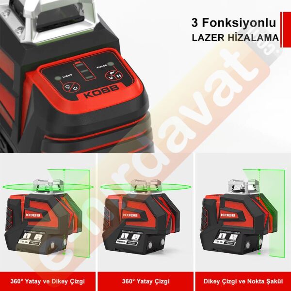 KOBB KBL32GTP Profesyonel Li-ion Yatay 360° ve Dikey Otomatik Hizalamalı Yeşil Nokta Şakül ve Çapraz Çizgi Lazer+Tripod