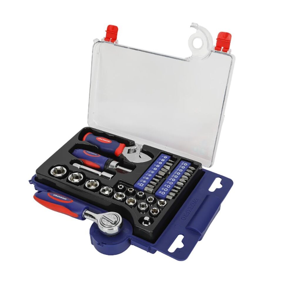 WORKPRO WP200555 1/4'’ 1/2’’ 38 Parça Cr-V Lokma ve Topaç Cırcır Araç Tamir Seti